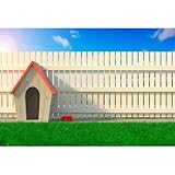 Outdoor Garden Doghouse Backdrop Wooden Cabin Dog House with Red Roof Green Grass Meadow White Fence Photography Background Blue Sky Dog House Background for Birthday Party Decor Props 6x4ft