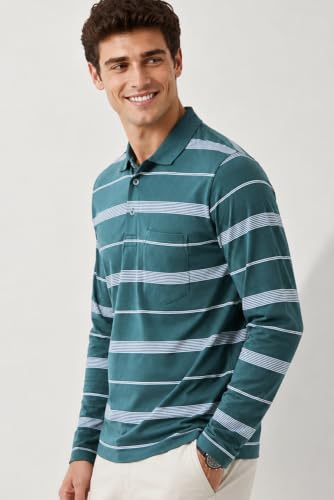 Image of SANE ORIGINALS Full Sleeves Polo Collar Tshirt for Men with Pocket || Stripe Collar and Pocket Tshirt for Men Long Sleeves Navy Blue
