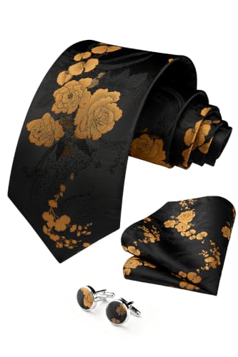 Image of HISDERN Ties for Men Paisley Tie and Pocket Square Cufflinks Set Formal Classic Floral Necktie Handkerchief Wedding Party