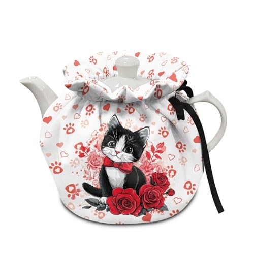 Image of Red Rose Cat Show Window Teapot Cozies, Heat Preservation Teapot Dust Cover with Drawstring Creative Kitchen Tea Pot Cover, Home Kitchen Table Hotel