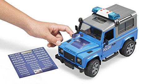 bruder 02597 - Land Rover Defender Station Wagon vehículo policial, agente de policía, equipamiento, módulo de luz y sonido