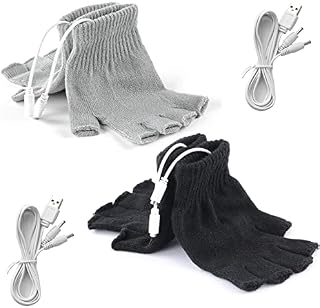 2 Pairs USB Heated Gloves for Men and Women, USB 2.0 Powered Stripes Heating Pattern Knitting Wool Heating Mittens Hands Warmer Fingerless Washable Design Winter Gift (Black & Gray)