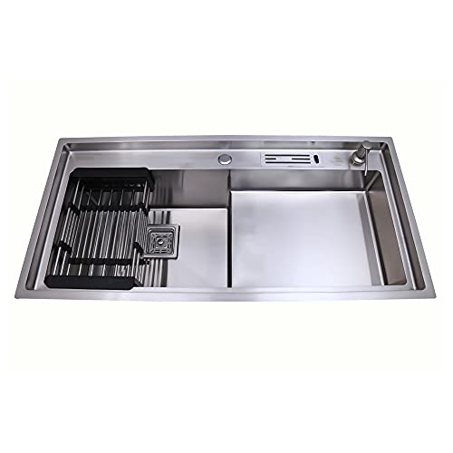 Image of CROCODILE 37x20 Inch 304 Grade Stainless Steel 1.2mm STEP Handmade Kitchen Sink | with Tap Provision, Heavy Duty, Anti-Rust, Sound-Dampening Sink for Modern Kitchens