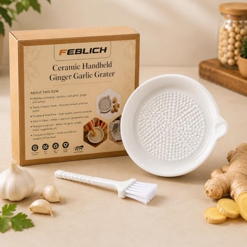 Image of Ceramic Garlic Grater Plate with Brush Manual Crusher Grinder Tool for Ginger, Garlic, Turmeric, Nutmeg, Fruits & Vegetables Durable, Easy to Clean, Non-Slip Kitchen Utensil (Medium)