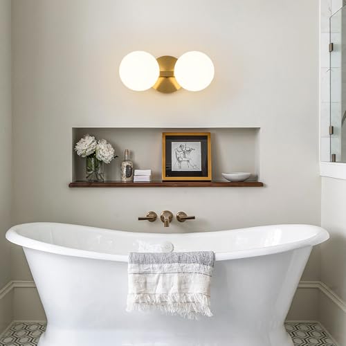 Image of Gold Globe Wall Sconce,Vanities Lights with 2 Milk Glass Shades | 6 inch Modern Spherical Vanity Sconces,Contemporary Small Brass Ball Lights Fixture for Entryway Bedside Bathroom,E26 Base