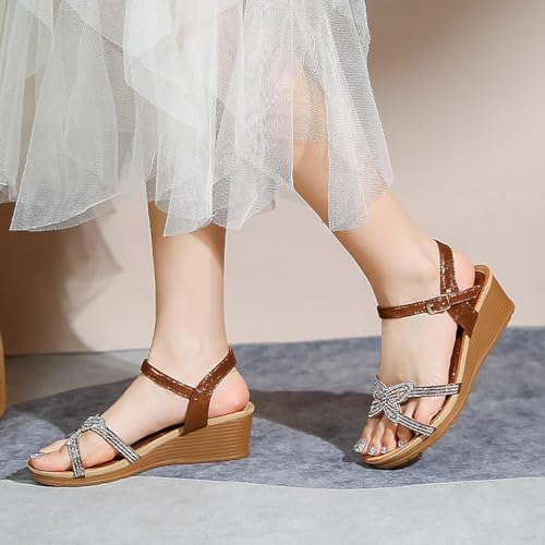 Womens Open Toe Wedge Sandals Toe Open-Toe Flower Low Heel Dressy Ankle Strap Elastic Rhinestone Summer Beach Comfortable Platform Shoe4