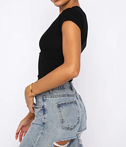BAIGRAM Women’s Basic Slim fit Crop Top Tee Shirt Short Sleeve Workout Round Neck Cropped Tshirt Black, L