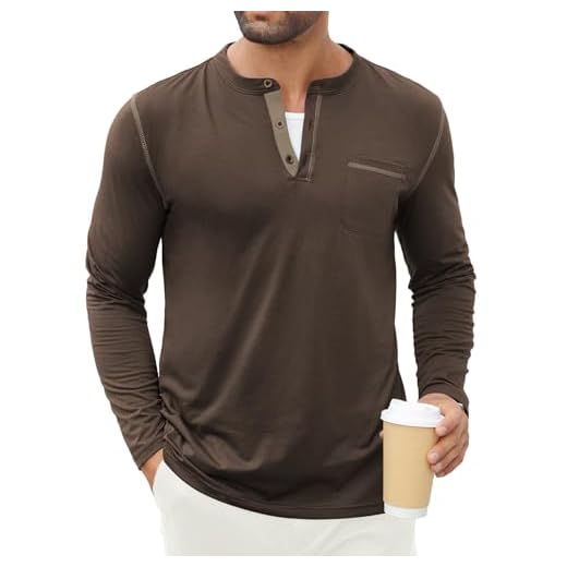 Hardaddy Camiseta Henley de manga comprida com botões de cor contrastante camiseta masculina básica pulôver com bolso, Marrom escuro, XGG