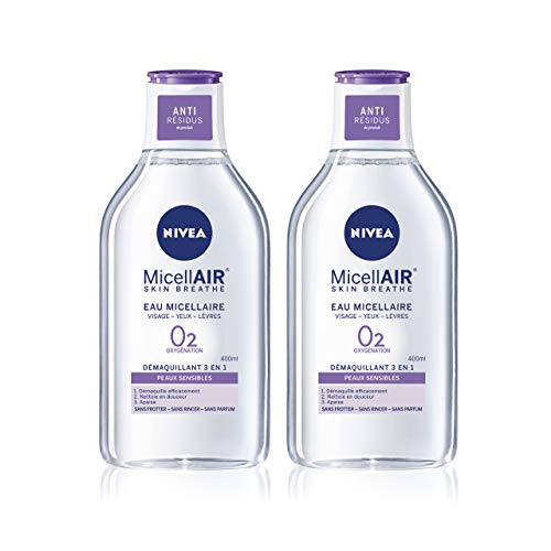 NIVEA MicellAIR SKIN BREATHE Micellar Water for Sensitive Skin (2 x 400 ml), 3-in-1 Makeup Remover without Perfume and Dyes, Facial Cleanser, Eyes & Lips