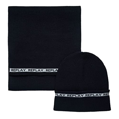 Replay Gorro Bufanda Conjunto Dk Night Blue Azul con Acabados Premium de Punto Denso