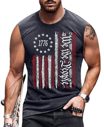 Heralady 4th of July Shirts Mens Muscle Tank Top 1776 Sleeveless Graphic Gym Workout USA Flag Shirt Grey Large