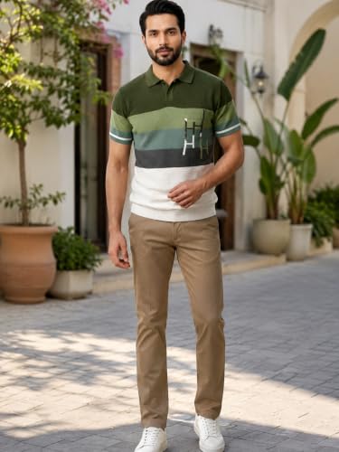 Image of GRECIILOOKS Polo T Shirt for Men | Knitted Block Collar Neck T-Shirt | Smart Casual Striped Design | Premium Mens T Shirts | Office Wear, Travel & Everyday Styling