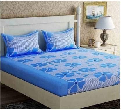 Geo Nature 100% Cotton Double Bedsheet for Double Bed with 2 Pillow Covers Set, Queen Size Bedsheet Series, 144 TC, 3D Printed Pattern, Blue)