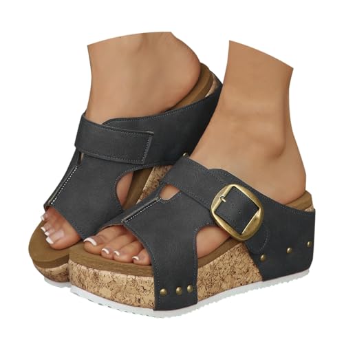 Wedges Sandals for Women Wide Fit Sandal Walking Sandals for Women UK Large Size Thick Bottom Slope with Single Buckle Slippers Summer Beach Open Toe Sandal Black