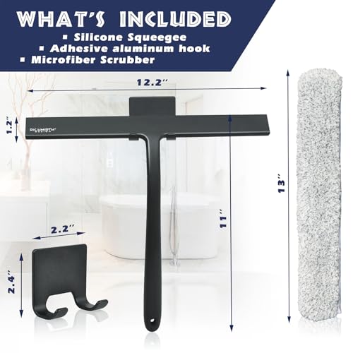 Image of 12 Inch Silicone Shower Squeegee for Glass Doors with Microfiber Cloth & Hook, Streak-Free Window Cleaner for Bathroom Mirror Tile Car, No-Scratch Squeegee with Rustproof Metal Core (Black)