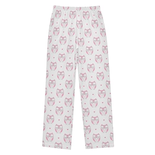 Pink Owl Love Heart Boys Long Pants Soft Trousers Elastic Waist Kids Lounge Bottoms with Pockets S-XL