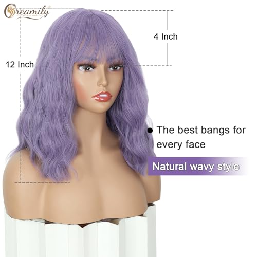 Creamily Perruque bob pastel avec frange pour femme, perruque ondulée souple, bob ondulé pastel mi-long, perruque synthétique pour cosplay fille, perruques de costume colorées 35 cm (Violet) – vue 6