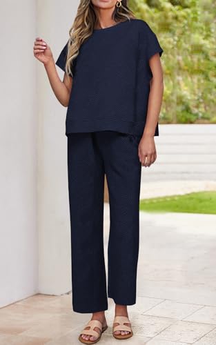 Image of PRETTYGARDEN 2 Piece Outfits For Women Casual Tracksuit Short Sleeve Tops And Wide Leg Long Pants Matching Lounge Sets