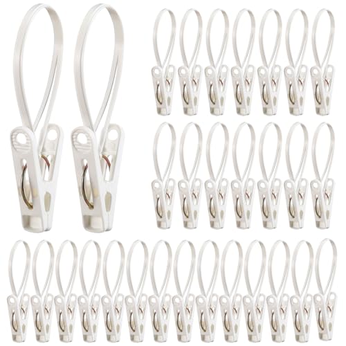 Image of Honeydak 30 Pack Multi-Purpose Laundry Hooks Hanging Clips Bulk with Plastic Rope Hanger Clips for Baby Clothes Closet Organizer for Pants Hat Sock Boot Bra Towel Bathroom Wardrobe (White)