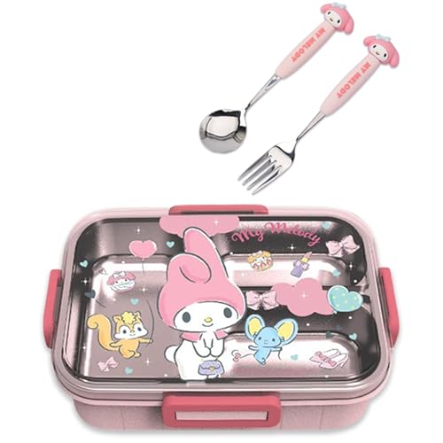 Roffatide Melody Imprimir una caja de almuerzo integrada con cuchara kawaii cerradura de 4 puntos para bocadillos de alimentos y frutas
