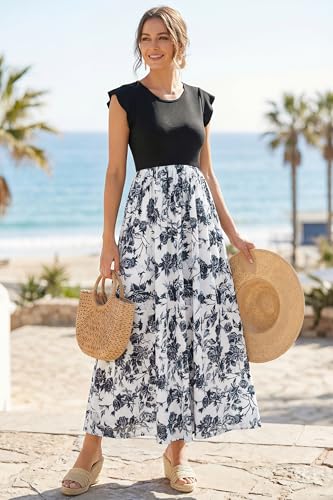 Image of OUGES Women's Maternity Dress Summer Ruffle Sleeve Patchwork Casual Flowy Maxi Dresses with Pockets