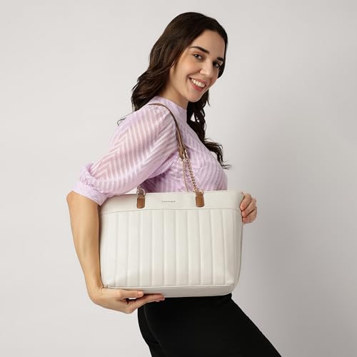 Image of Fastrack Quilted Tote Bag for Women | Faux Leather Shoulder Bag with Dual Chain Handles, Zip Closure & Organiser Pockets | Elegant Everyday Tote for College, Brunch & Casual Outings