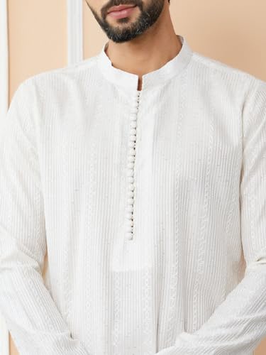 Image of See Designs Men's Long Sleeve Mandarin Collar Side Slit Embroidered Thread Work Sequinned Chanderi Silk Straight Kurta with Pyjama