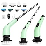 SINZUX Electric Spin Scrubber, Electric Cleaning Brush with 8 Replaceable Brush Heads, Electric Scrubbing Brush with LED Display and Adjustable Extension Handle for Bathroom Kitchen Car (Green)