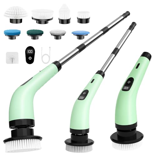 SINZUX Electric Spin Scrubber, Electric Cleaning Brush with 8 Replaceable Brush Heads, Electric Scrubbing Brush with LED Display and Adjustable Extension Handle for Bathroom Kitchen Car (Green)