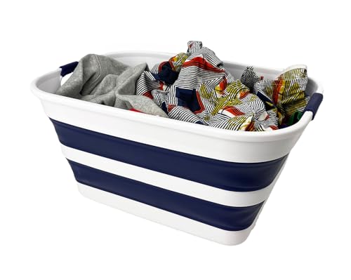 Image of SAMMART Collapsible Plastic Laundry Basket with Handle /Foldable Pop Up Storage Hamper /Portable Laundry Organizer-Space Saving Washing Tub /Household Storage (White /Starry Blue, 27L)
