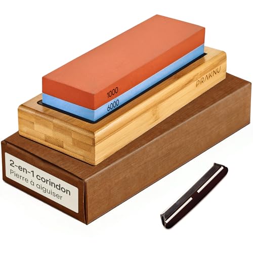 Praknu Pierre a Aiguiser 1000/6000 - Pierre à Affûter pour Couteaux avec Base Antidérapante en silicone et bambou - Convient aux débutants - Pour une netteté optimale
