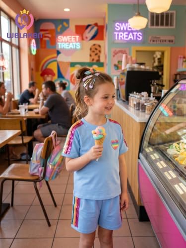 Image of WELAKEN Girls 2 Piece Outfit Kid Toddler Heart & Rainbow Sequin Striped T-shirt and Shorts Clothing Set