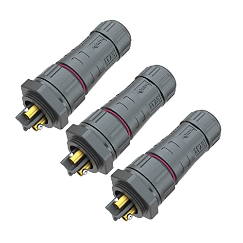 AOHUA IP68 Waterproof Connector (3-Pack), M25 3-Pin Industrial/Aviation Connector, (300V/25A) Male Plug & Rear Female Panel Mount for Outdoor Electrical Wire Range Ø8-12mm, CE, UL, TUV, ROHS