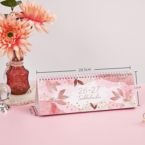 Tischkalender 2026 2027 - Wochenplaner 2026 2027 von März 2026 bis August 2027, Tischkalender 2026 2027 Quer 1 Woche 2 Seiten, Kalender 2026 2027 mit Mondphasen - Rosa Goldblatt
