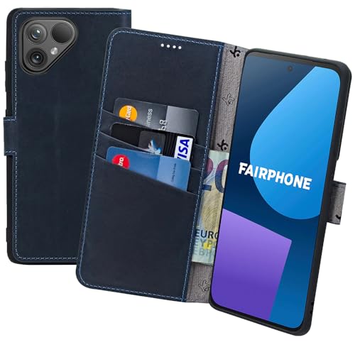 Suncase Book-Style Hülle kompatibel mit Fairphone 4 Leder Tasche (Slim-Fit) Lederhülle Handytasche Schutzhülle Hülle mit 3 Kartenfächer in Pebble-Blue