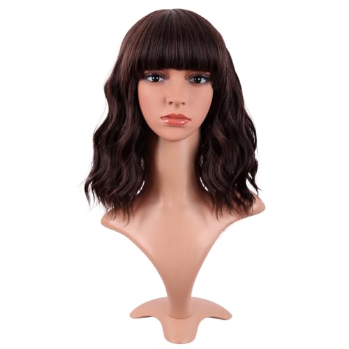 Image of MapofBeauty 14 Inch /35 cm Short Wavy Curly Women Fresh Bright Synthetic Ordinary Flat Bangs Bob Wig (Dark Brown)