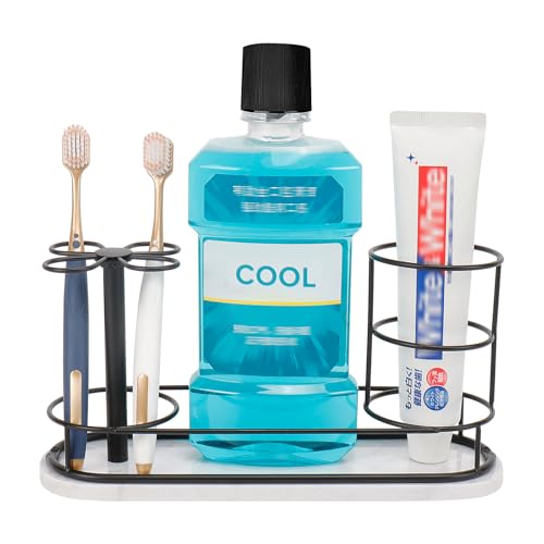 Image of Toothbrush Holder Stand for Bathroom, Metal Toothbrush Organizer with Marble Base, Toothbrush Storage Collection for Family, Suitable for Home Hotel Countertop Vanity (Large, Matte Black)