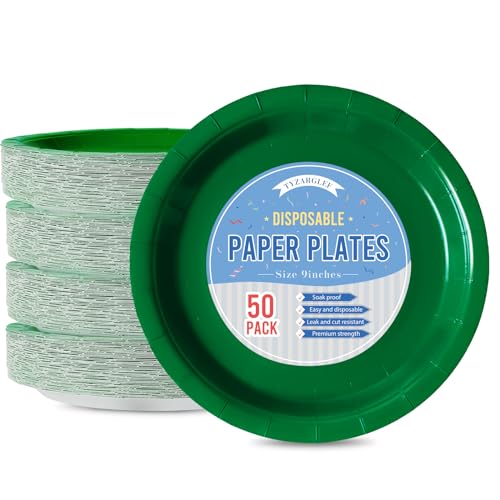 Image of Green Disposable Paper Plates, 9 Inch Dinner Party Plates, 50 Count Bulk | Colored and Sturdy Durable Party Plates, for Birthday, Halloween, Christmas, Baby & Bridal showers, BBQ