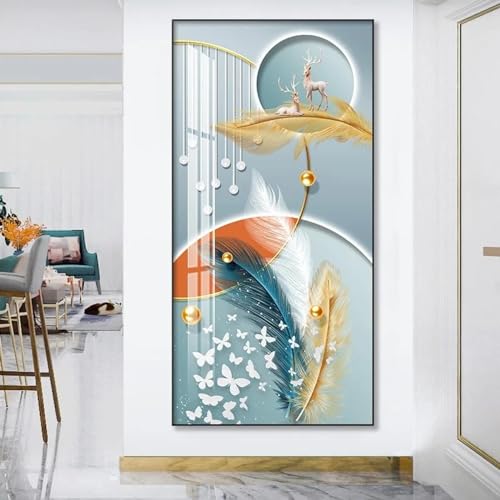 Plumes d'or peinture cerf abstrait nordique 55x110 cm pour décoration murale moderne de salon