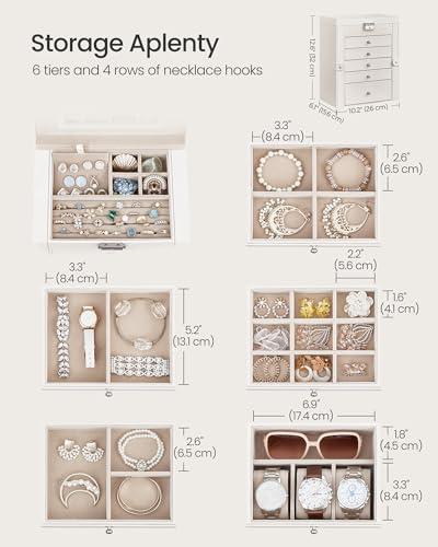 SONGMICS 6 Tier Jewelry Box, Jewelry Storage Organizer with 5 Drawers, Large Storage Capacity, with Mirror, Lockable, Jewelry Case, Gift for Loved Ones, For Watches, White UJBC152W013