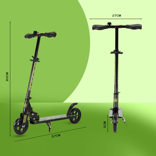 Image of Amazon Brand - Jam & Honey Kick Scooter | Foldable 2-Wheel Design with Rear Brake | 3-Height Adjustable Handlebar | BIS Certified | 50 kg Max Load | Neon Green | Ages 6-13 Years