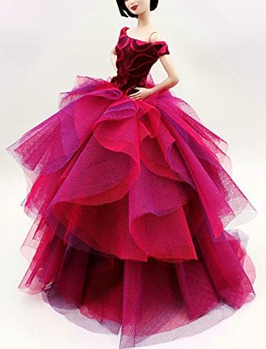 Handmade Classic Off Shoulder Fuchsia Rose Lace Dress Wedding Gowns Fit for 12" Fashion Doll & Doll's not Included