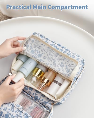 Image of Narwey Small Hanging Travel Toiletry Bag for Women, Travel Bag for Toiletries, Makeup Bag Organizer Cosmetic Bags Make Up Bags for Girls, Y-Little Blue Flower