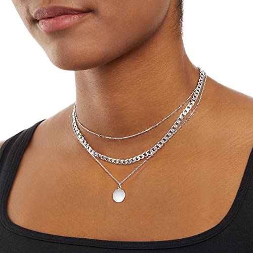 Amazon Essentials Sterling Silver Plated Polished Disc And Beaded Chain 2 Row Layer Necklace, Sterling Silver #TOP3