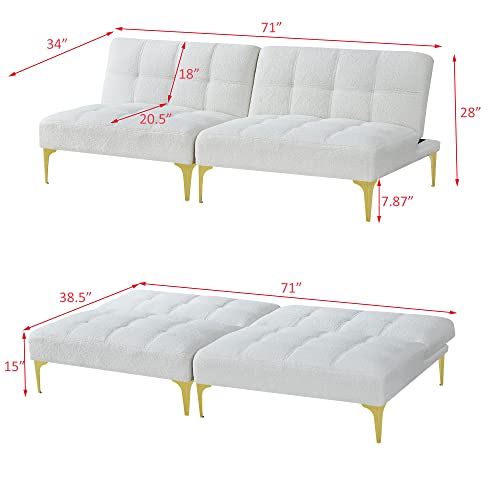 Fulife 2 Pieces Futon Sofa Convertible Sleeper Bed Daybed Loveseat, Folding Recliner, Armless Couches With Gold Metal Legs Teddy Fabric For Living Room Apartment Office Space Furniture Set, White #TOP1