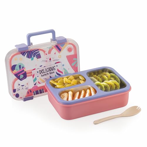 Image of ATTRO Kitty Kart Plastic Lunch Box - 3 Compartment Bento Tiffin, Leak-Proof & Durable, Plastic Cutlery, Ideal for Kids, School,Picnic - 800ml, Pink Purple