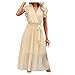 Abito Elegante in Chiffon a da Donna Tinta Unita con Scollo a V Abito da Festa Sexy Cravatta a Vita Media Manica Corta Abiti Lunghi alla Moda Armadio Abiti Lunghi (L,Beige)