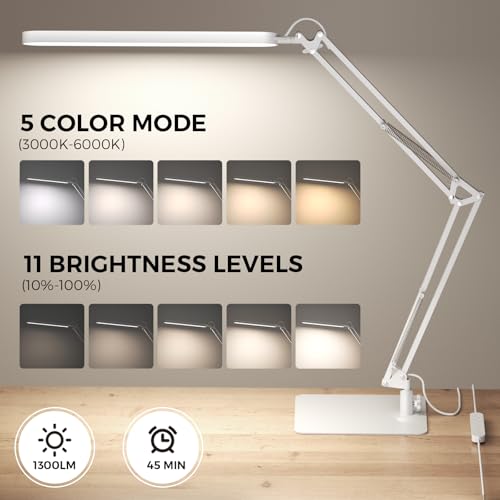 Image of SKYLEO LED Desk Lamp with Slim Base - Adjustable Swing Arm Desk Light, Dimmable, Timer, Eye Protection, Memory Function, 1300LM, 12W, White