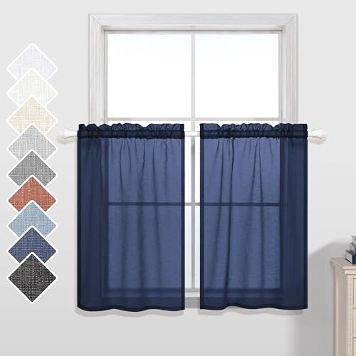 Image of KOUFALL Short Curtains for Bathroom Window,Sheer Cafe Curtains for Kitchen 36 Inch Length,Navy Blue