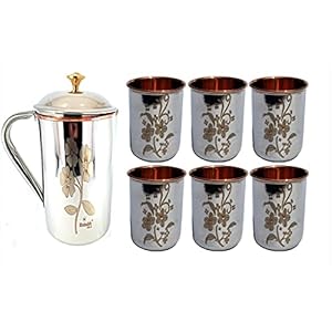 India Pride Rishabh Gold Copper Stainless Steel 7 Pieces Jug and Glass Set (Flower Print) [ 6 Glass (300 ml Each) , 1…